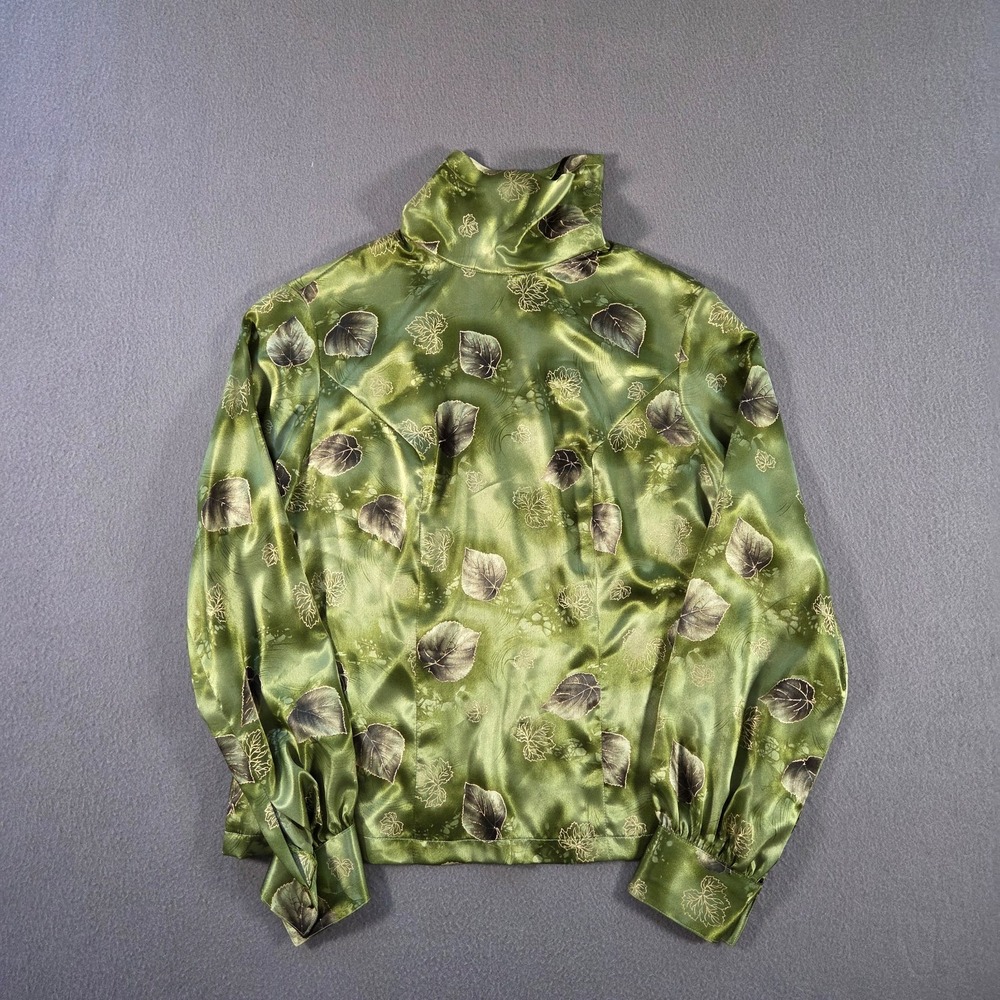 Vintage Satin Blouse Womens Medium Green Leaf Print High Neck Silky 80s